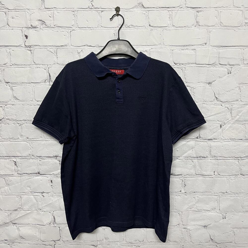 Guess men's navy waffle knit polo shirt with embroidered logo size L